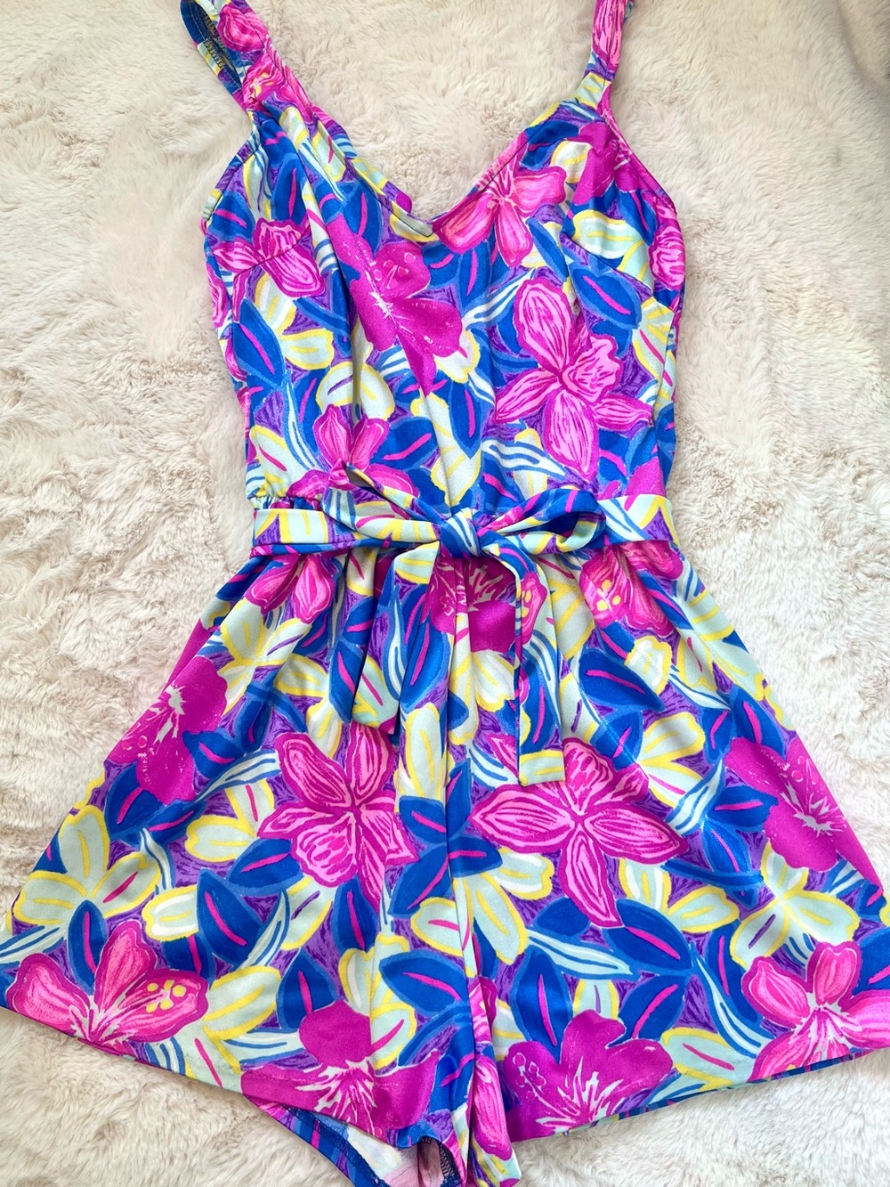 Vintage Tropical Floral Swimdress One Piece Swimsuit Pink Blue